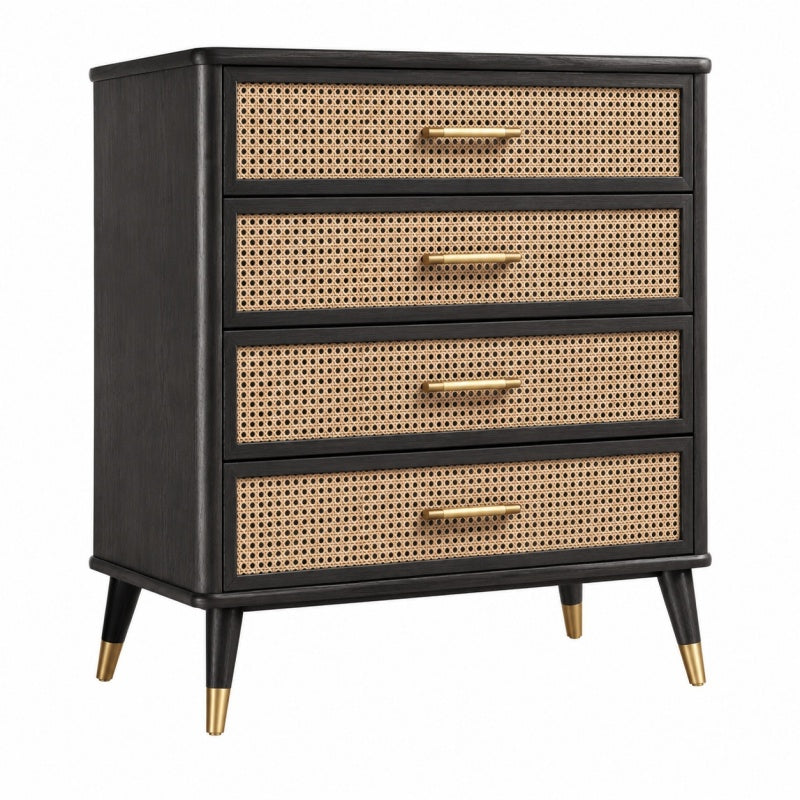 Komoda 80 x 40 x 100 cm z drewna i rattanu czarna z 4 szufladami w stylu retro