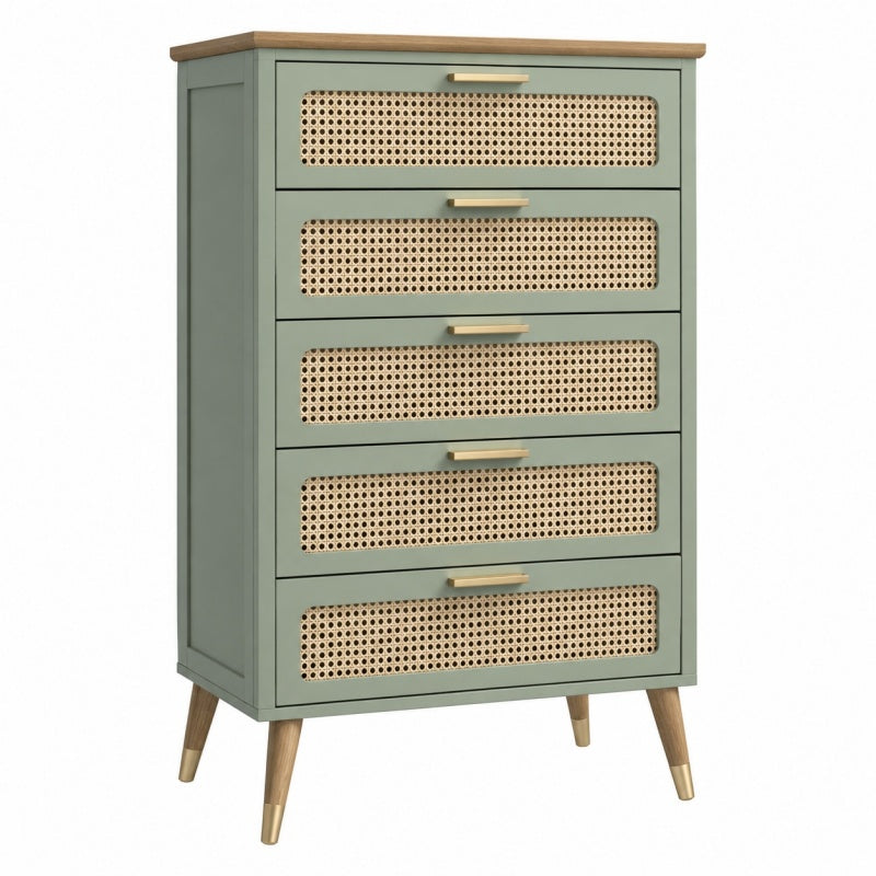 Komoda 80 x 40 x 120 cm zielona z rattanowymi frontami - pięć szuflad styl retro