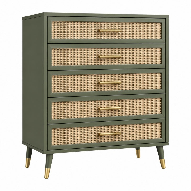 Komoda 80 x 40 x 110 cm z pięcioma szufladami zielona z plecionką rattanową w stylu retro