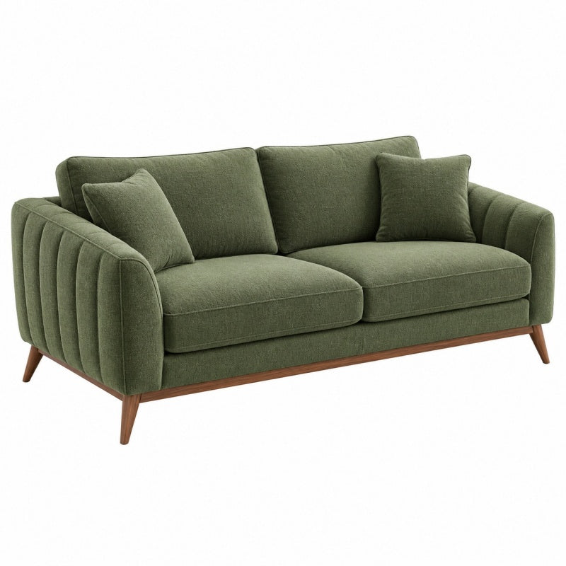 Sofa dwuosobowa 180 x 85 x 85 cm z tkaniny oliwkowa na drewnianych nogach w stylu retro
