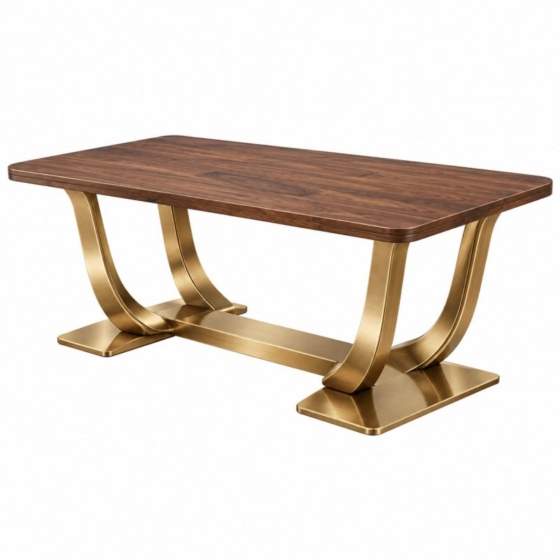 Stół jadalniany 180 x 90 x 75 cm - blat drewnopodobny orzechowy i złota metalowa podstawa w stylu glamour