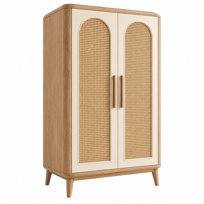 Szafa 90 x 50 x 180 cm z drewna w kolorze naturalnym z frontami z rattanu - styl skandynawski