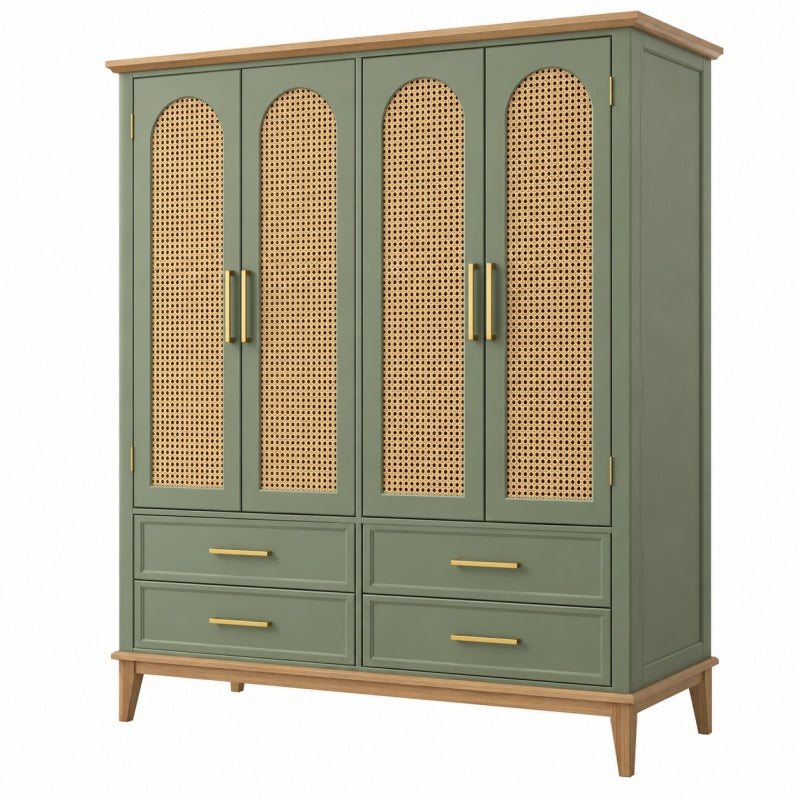 Szafa 120 x 50 x 190 cm z drewna i rattanu zielona do sypialni w stylu retro