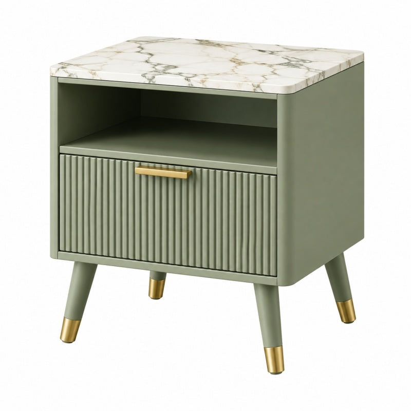 Szafka nocna 50 x 40 x 60 cm zielona z płyty meblowej z blatem imitującym marmur w stylu retro
