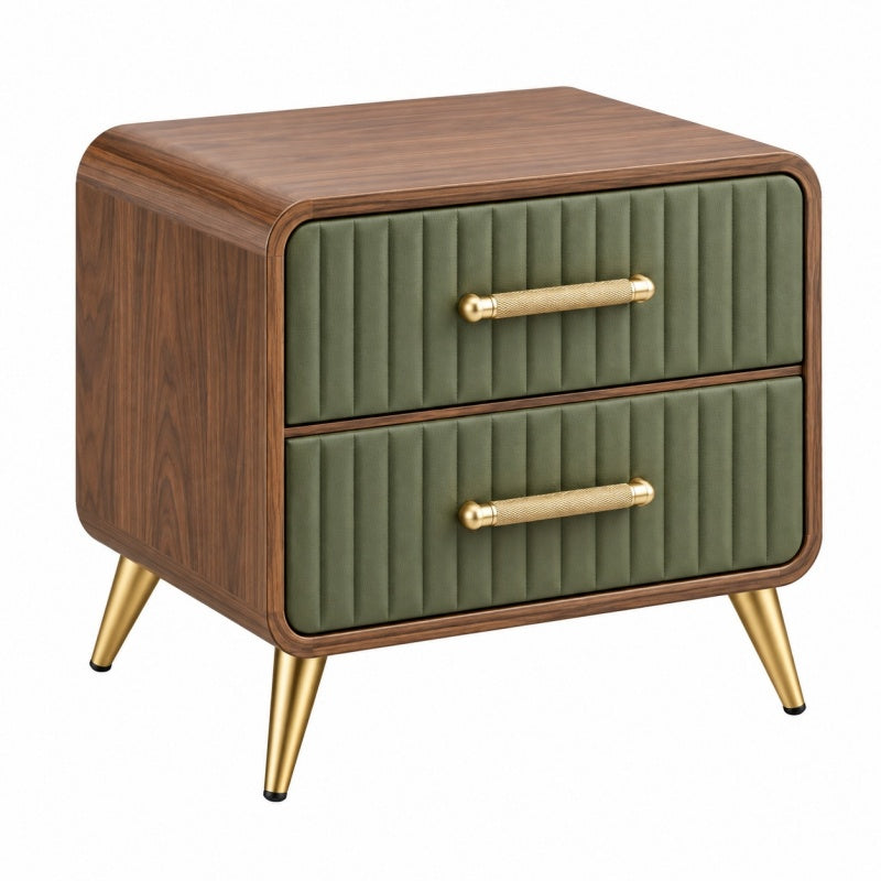 Szafka nocna 60 x 45 x 60 cm drewnopodobna z zielonymi tapicerowanymi szufladami w stylu modernistycznym