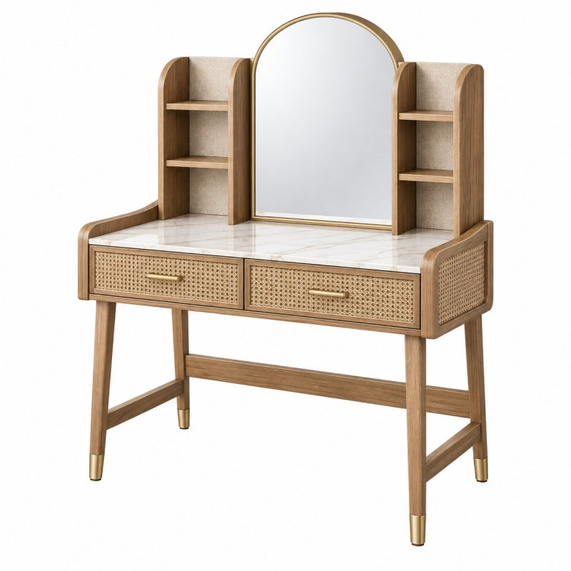 Toaletka 100 x 45 x 145 cm z drewna w kolorze naturalnego dębu z lustrem i szufladami w stylu retro