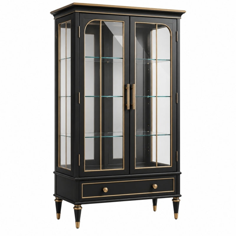 Witryna 100 x 45 x 190 cm z drewna i szkła czarna ze złotymi detalami do salonu w stylu klasycznym